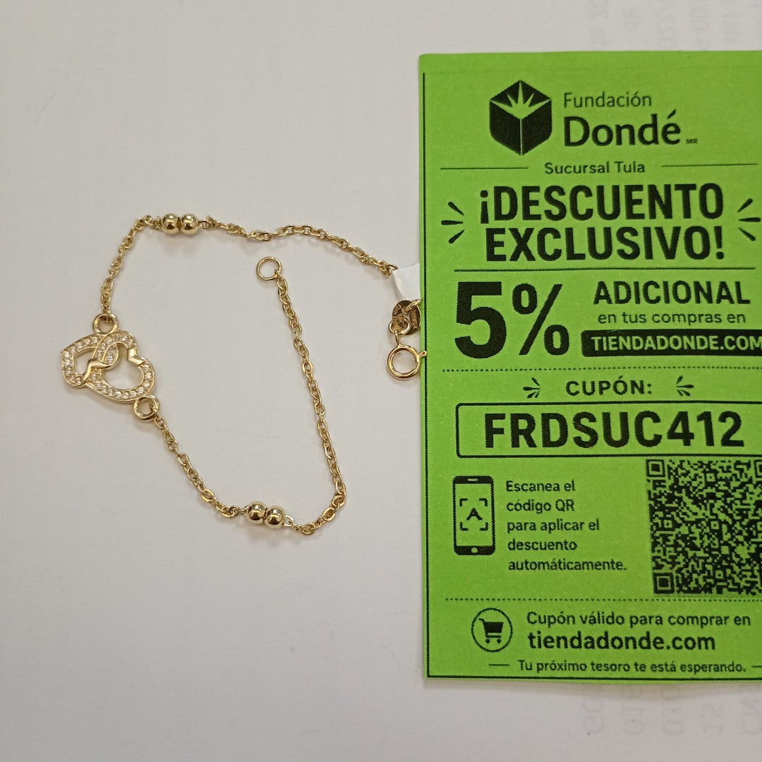 PULSERA TEJIDO ESPECIAL CORAZONES CON CIRCONIAS 14K 18 CM 2.4 GR (NUEVO)