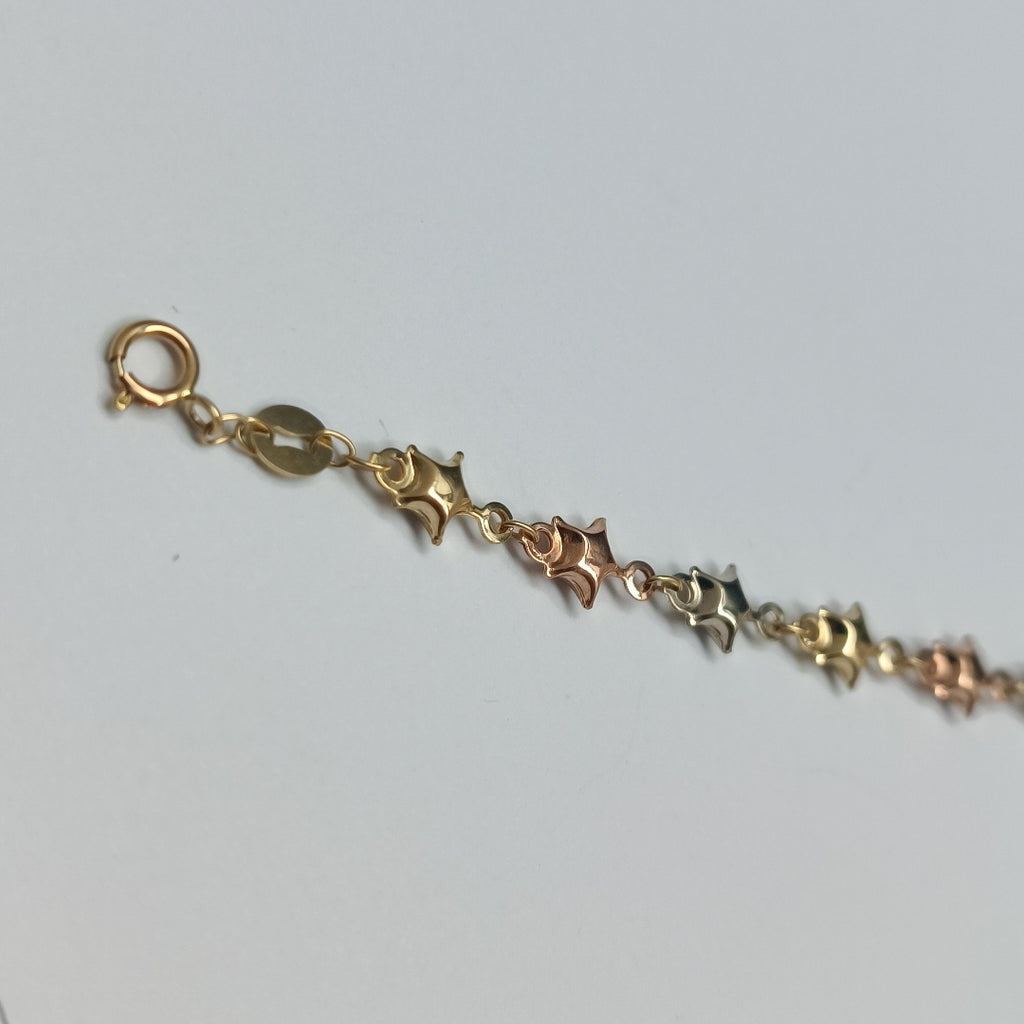 PULSERA TEJIDO ESPECIAL ESTRELLAS COMBINADAS 14K 18 CM 2.4 GR (NUEVO)