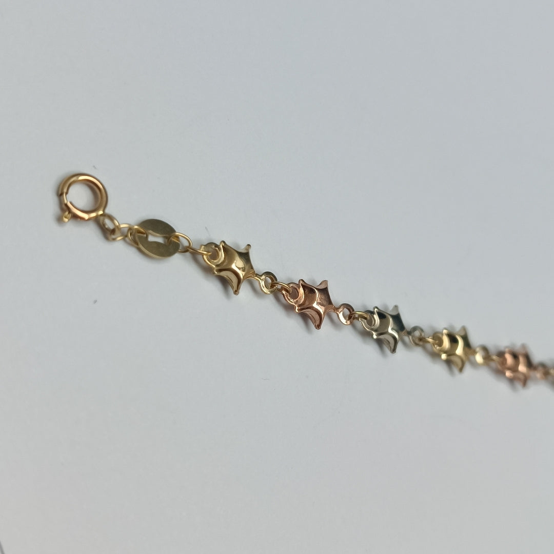 PULSERA TEJIDO ESPECIAL ESTRELLAS COMBINADAS 14K 18 CM 2.4 GR (NUEVO)