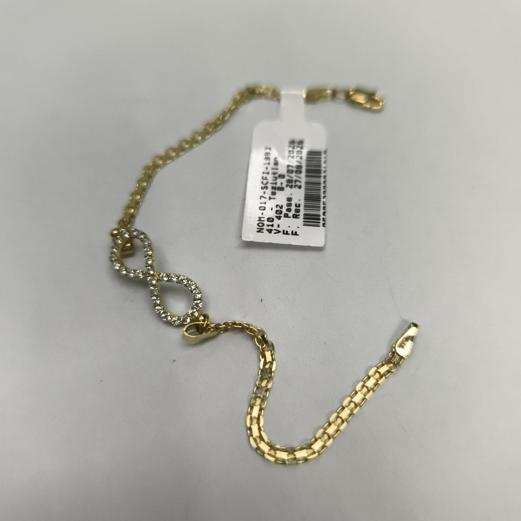 PULSERA TEJIDO ESPECIAL CON INFINITO Y CIRCONIAS 14K 18 CM 3.4 GR (NUEVO)