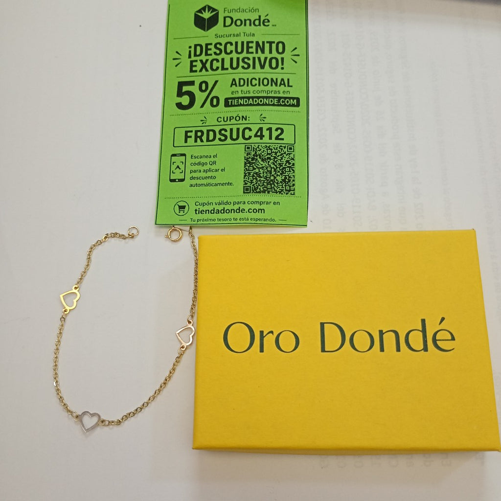 PULSERA ESPECIAL CON CORAZONES 14K 18 CM 1.3 GR (NUEVO)