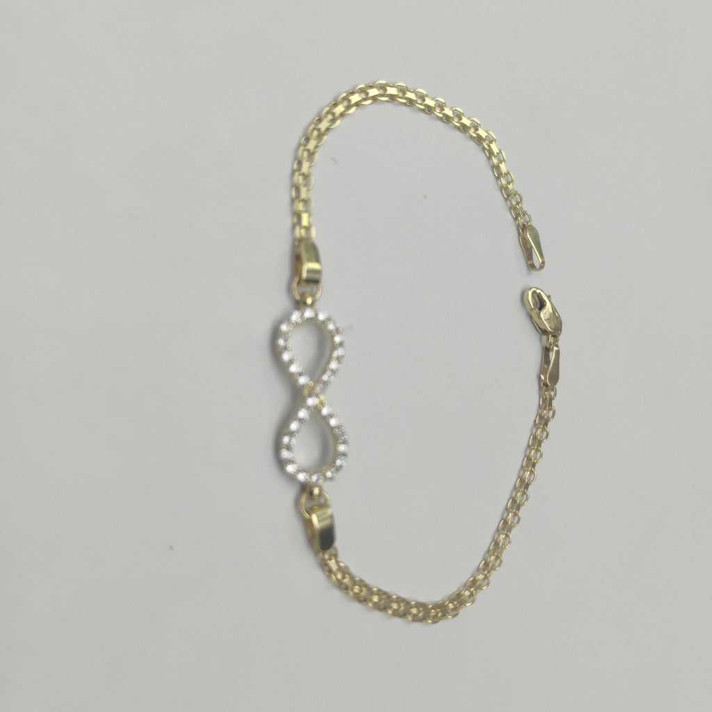 PULSERA TEJIDO ESPECIAL CON INFINITO Y CIRCONIAS 14K 18 CM 3.3 GR (NUEVO)