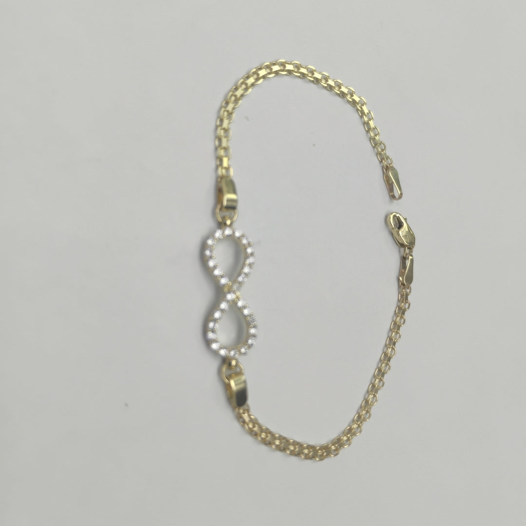 PULSERA TEJIDO ESPECIAL CON INFINITO Y CIRCONIAS 14K 18 CM 3.3 GR (NUEVO)