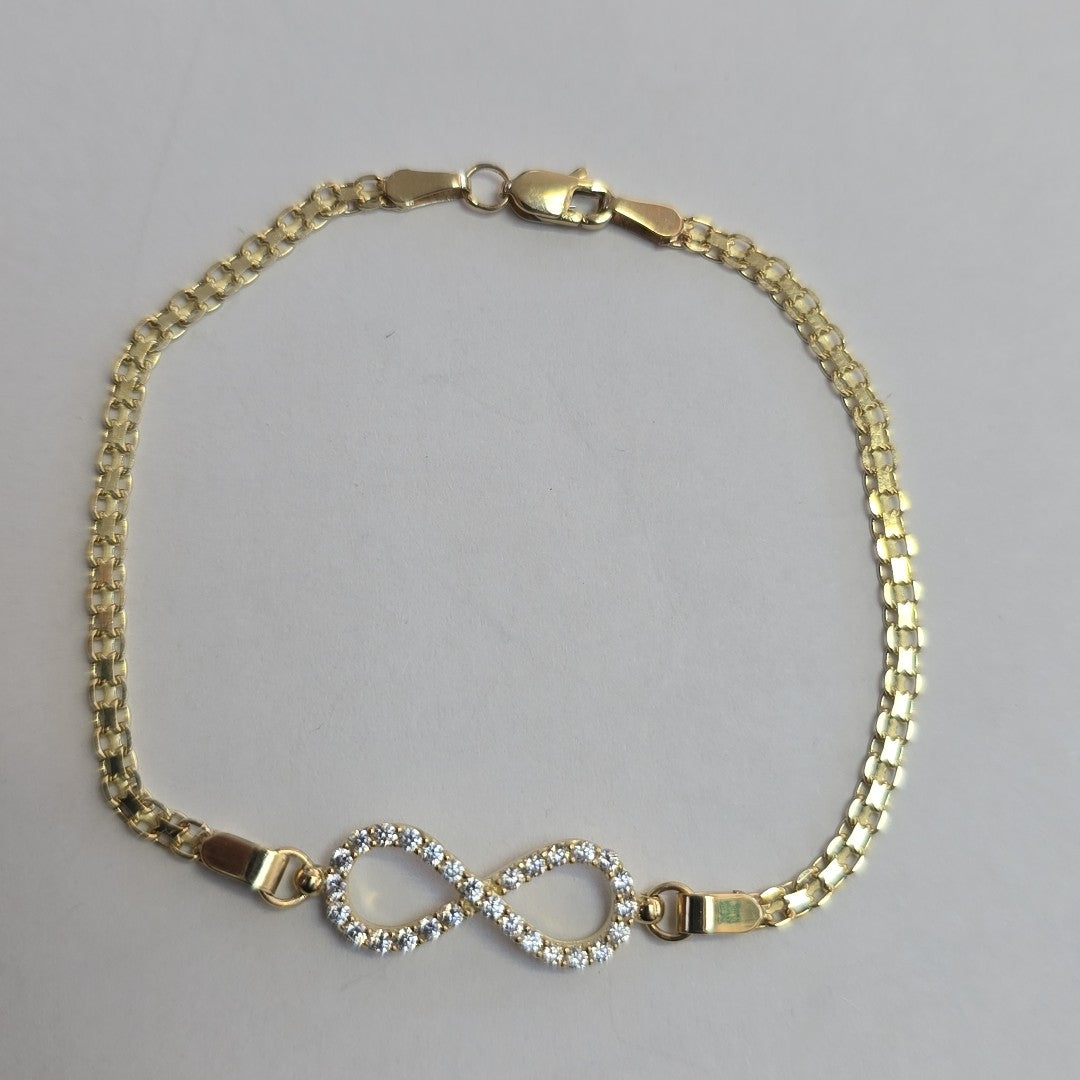 PULSERA TEJIDO ESPECIAL CON INFINITO Y CIRCONIAS 14K 18 CM 3.4 GR (NUEVO)