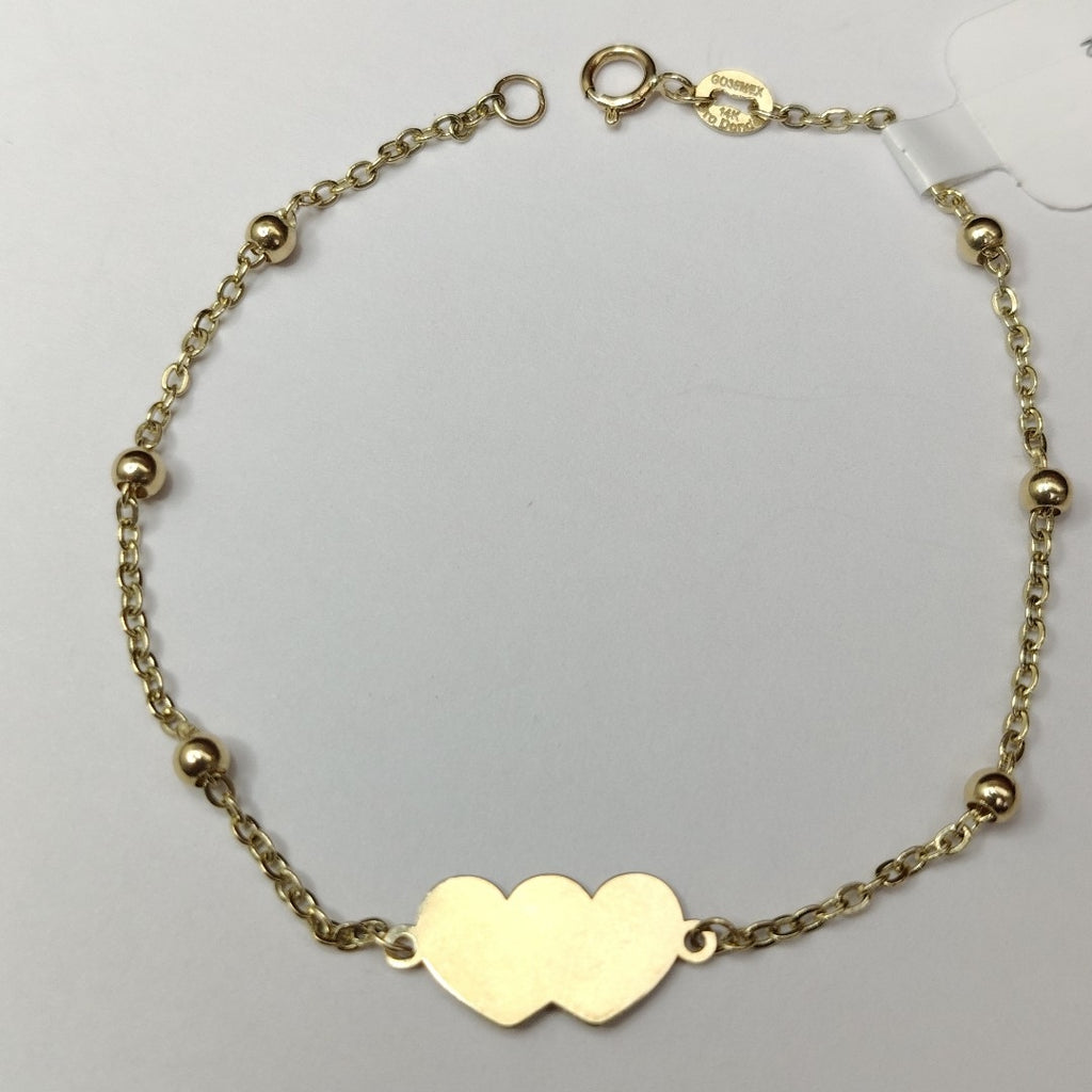 PULSERA TEJIDO ESPECIAL CON DOS CORAZONES 14K 18 CM 1.7 GR (NUEVO)