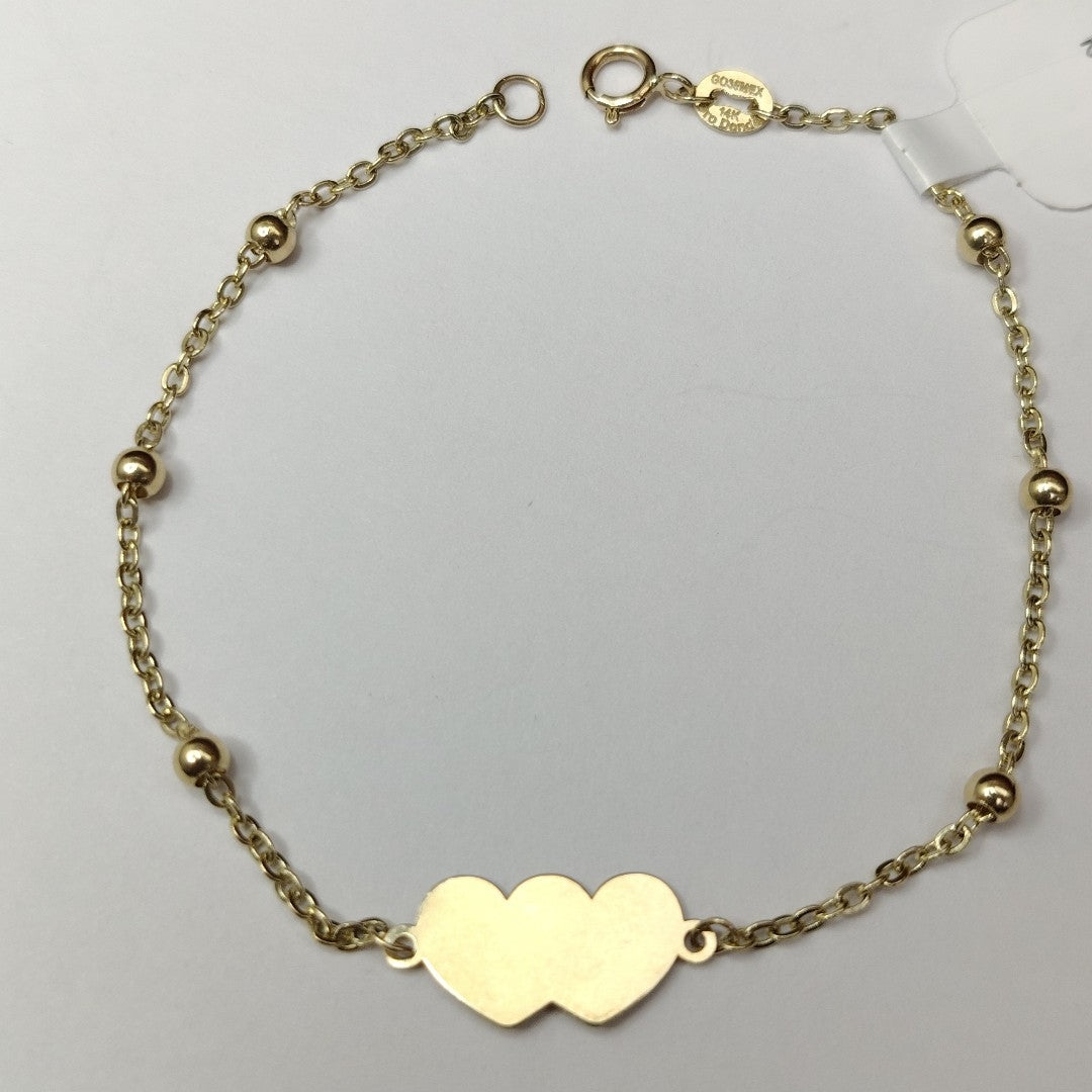 PULSERA TEJIDO ESPECIAL CON DOS CORAZONES 14K 18 CM 1.7 GR (NUEVO)
