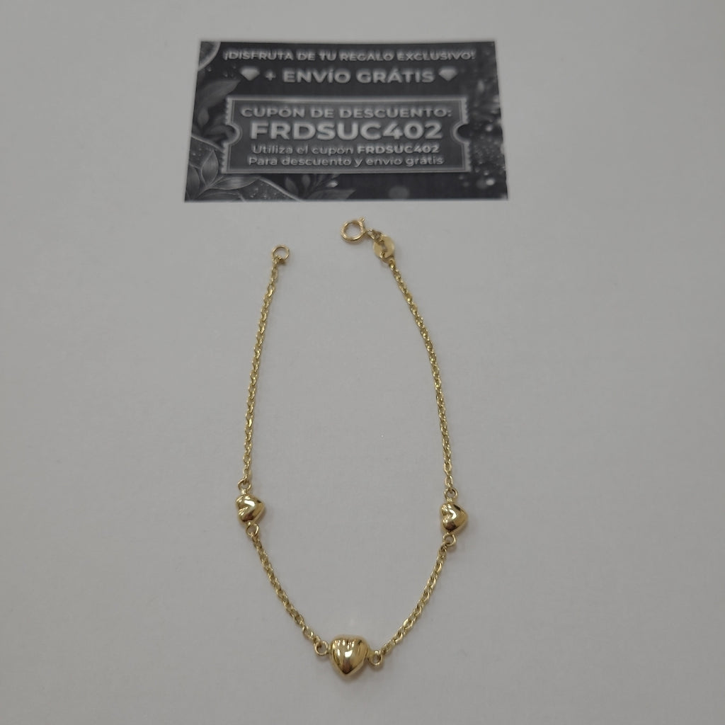 PULSERA TEJIDO ESPECIAL CON CORAZONES 14K 18 CM 1.7 GR (NUEVO)
