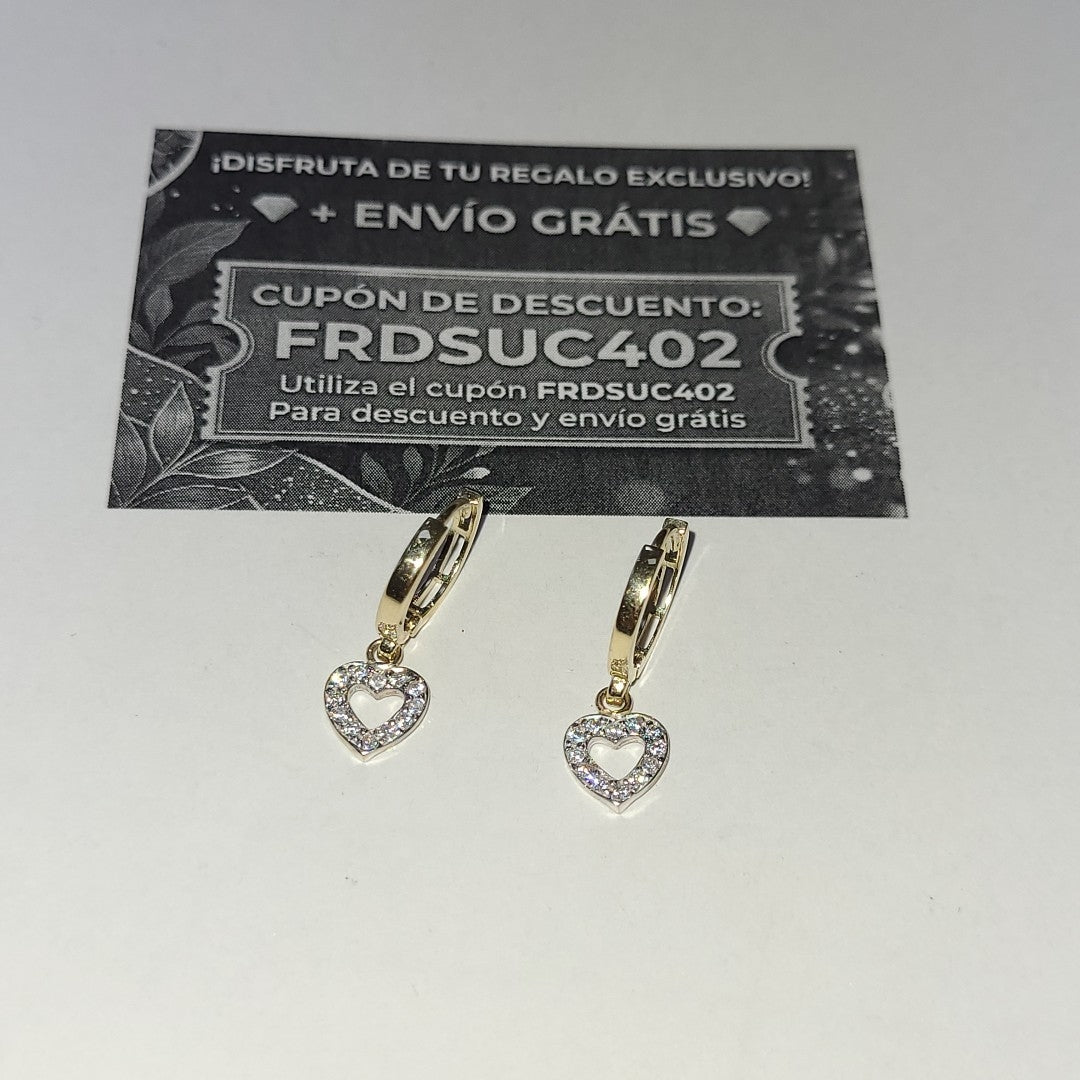 ARETES HUGGIES CON DIJE CORAZON Y CIRCONIAS 14K 2.2 GR (NUEVO)