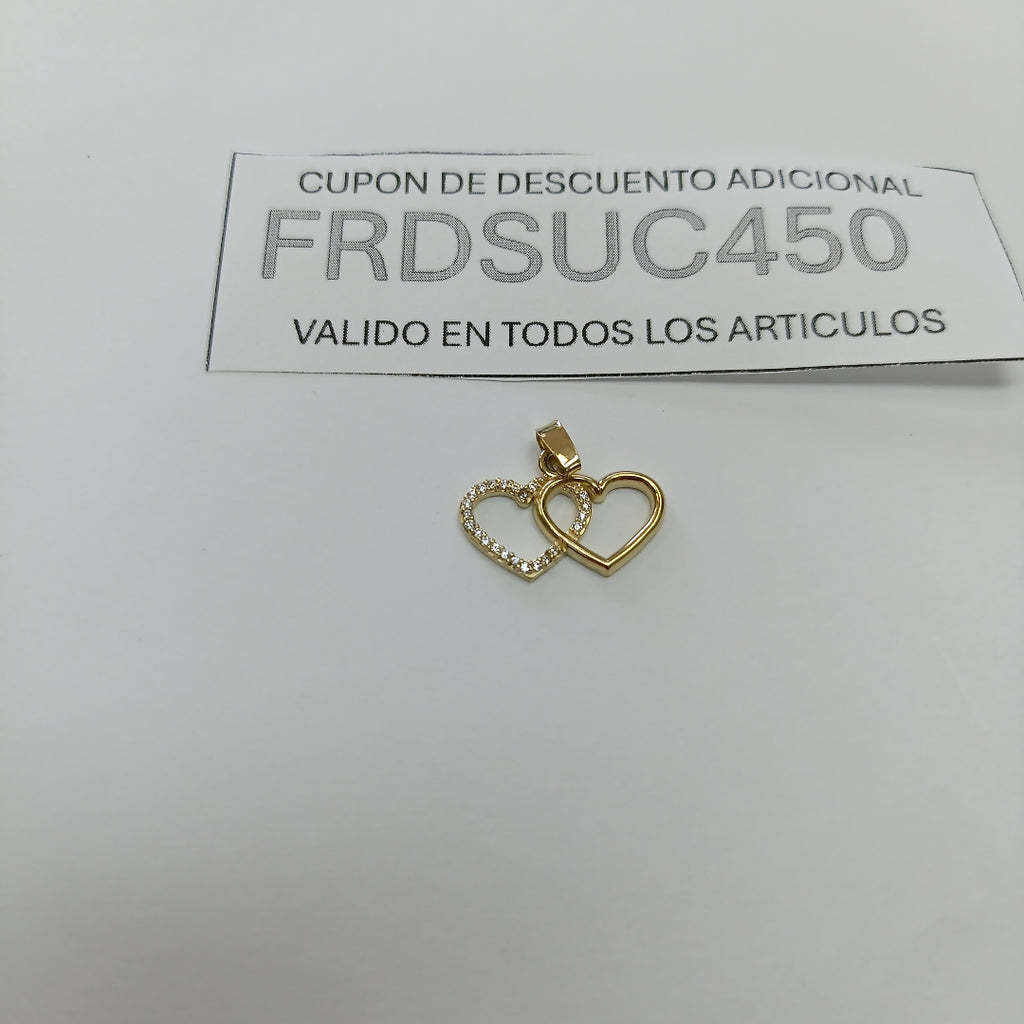 DIJE TEJIDO DOS CORAZONES CON CIRCONIAS 14K 1.4 GR (NUEVO)