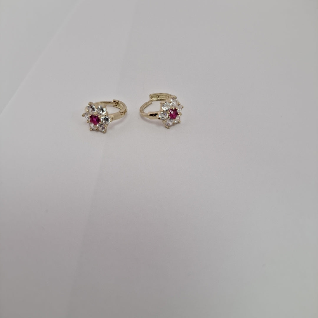 ARETES HUGGIES CON CIRCONIAS Y PIEDRA DE COLOR 14K 1.8 GR (NUEVO)