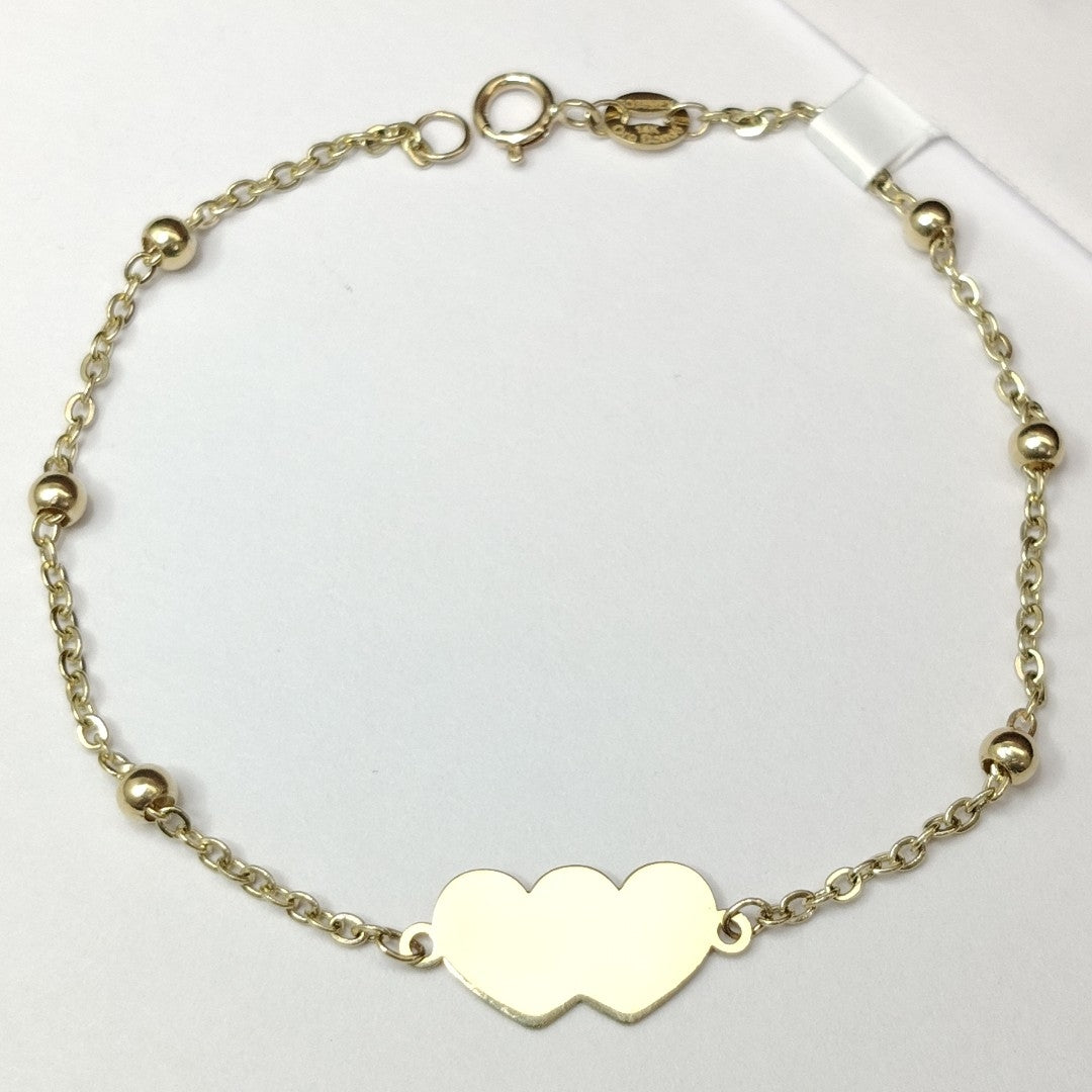 PULSERA TEJIDO ESPECIAL CON DOS CORAZONES 14K 18 CM 1.7 GR (NUEVO)