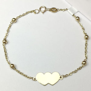 PULSERA TEJIDO ESPECIAL CON DOS CORAZONES 14K 18 CM 1.7 GR (NUEVO)
