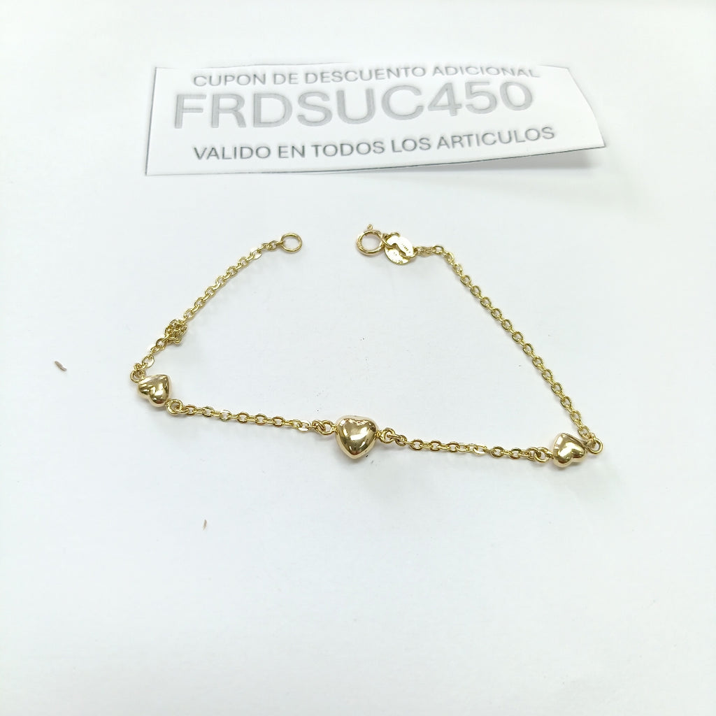 PULSERA TEJIDO ESPECIAL CON CORAZONES 14K 18 CM 1.7 GR (NUEVO)