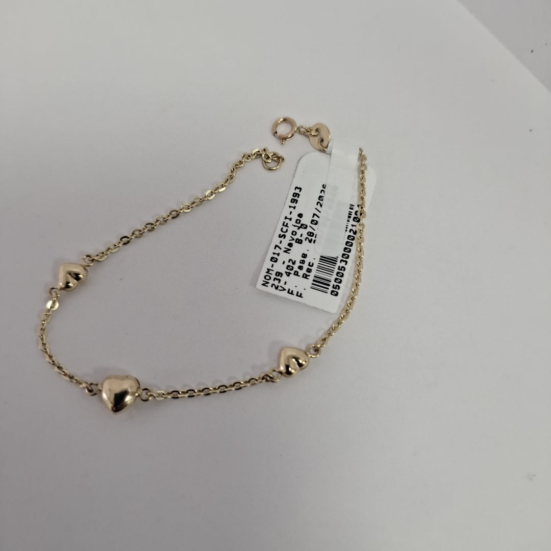 PULSERA TEJIDO ESPECIAL CON CORAZONES 14K 18 CM 1.6 GR (NUEVO)