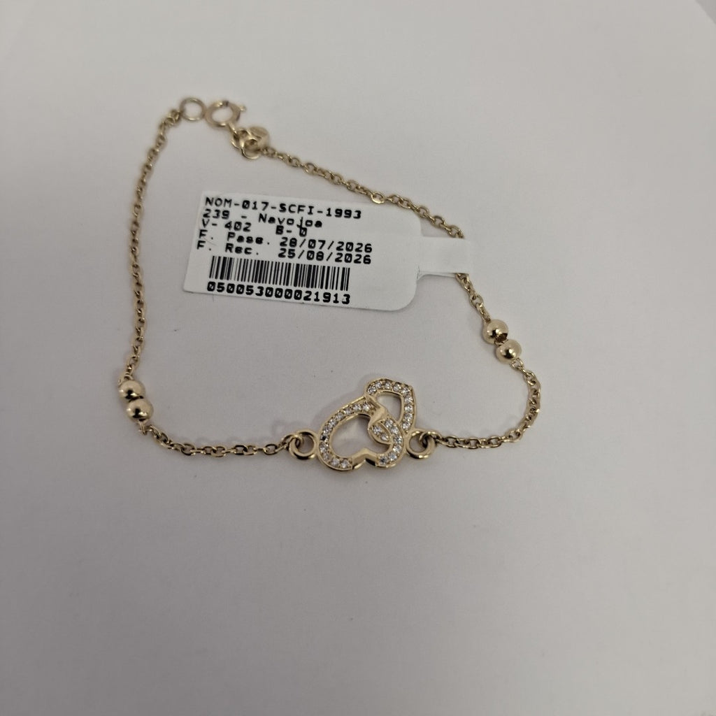 PULSERA TEJIDO ESPECIAL CORAZONES CON CIRCONIAS 14K 18 CM 2.4 GR (NUEVO)