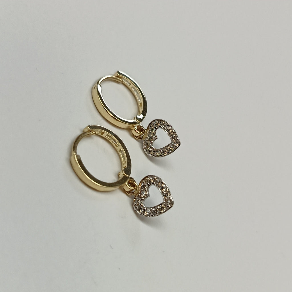 ARETES HUGGIES CON DIJE CORAZON Y CIRCONIAS 14K 2.2 GR (NUEVO)