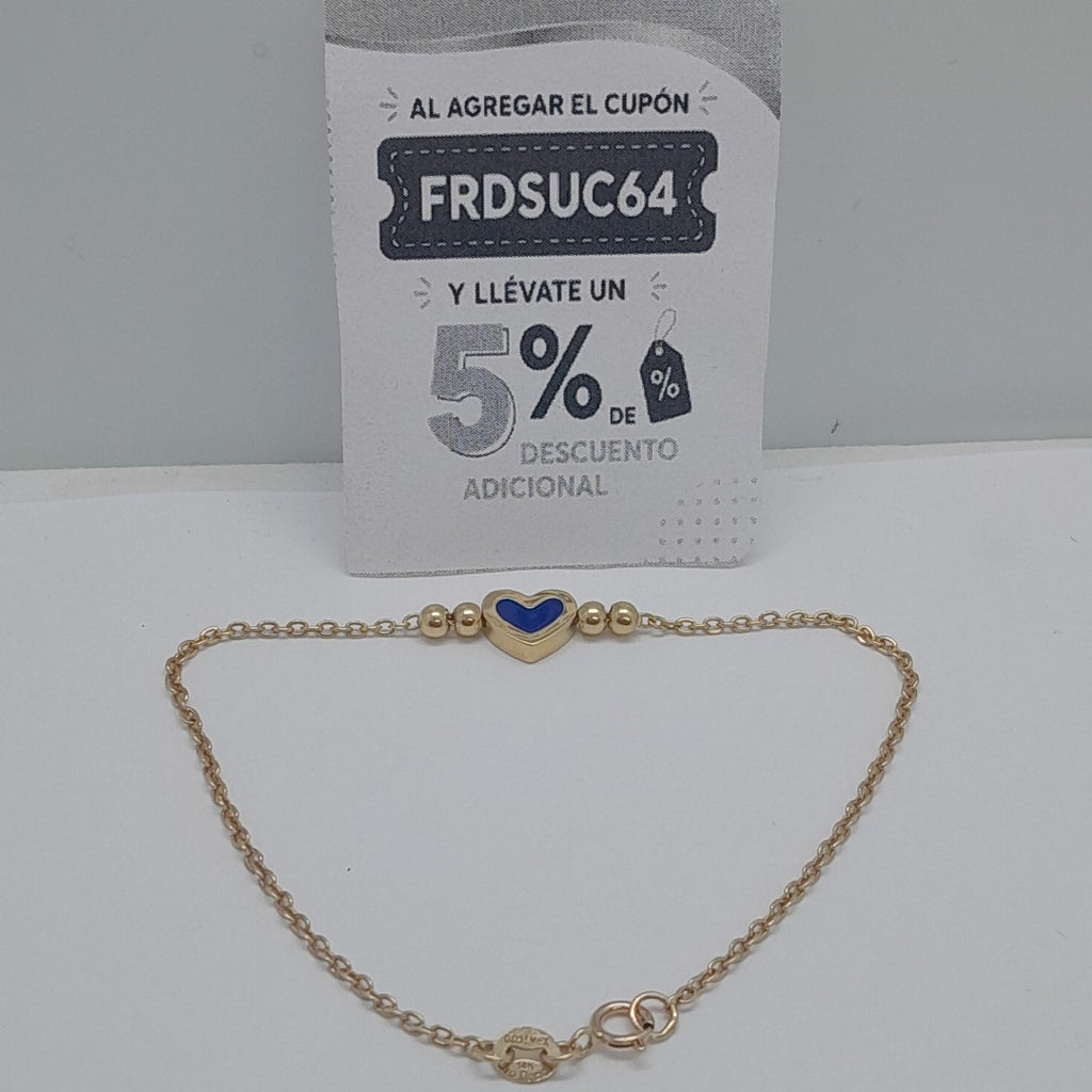 PULSERA TEJIDO ESPECIAL CON FIGURA CORAZON CON ESMALTE AZUL 14K 18 CM 1.9 GR (NUEVO)