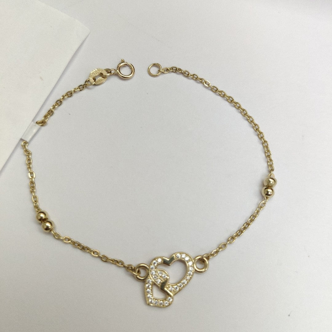 PULSERA TEJIDO ESPECIAL CORAZONES CON CIRCONIAS 14K 18 CM 2.4 GR (NUEVO)