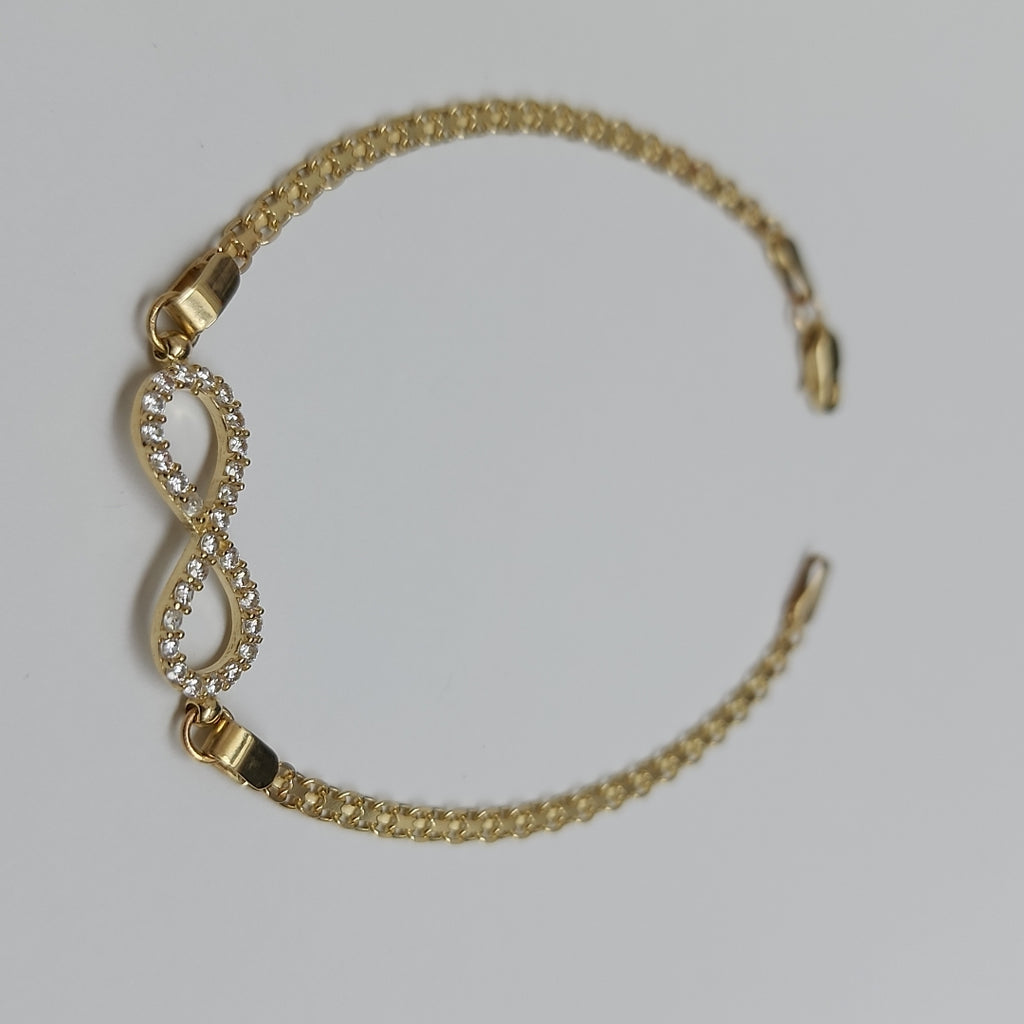 PULSERA TEJIDO ESPECIAL CON INFINITO Y CIRCONIAS 14K 18 CM 3.3 GR (NUEVO)