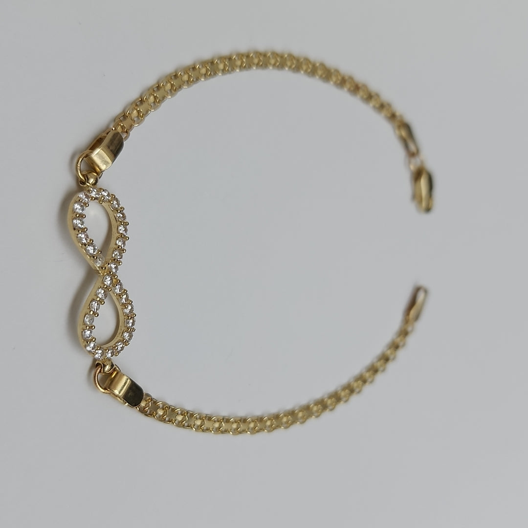 PULSERA TEJIDO ESPECIAL CON INFINITO Y CIRCONIAS 14K 18 CM 3.3 GR (NUEVO)