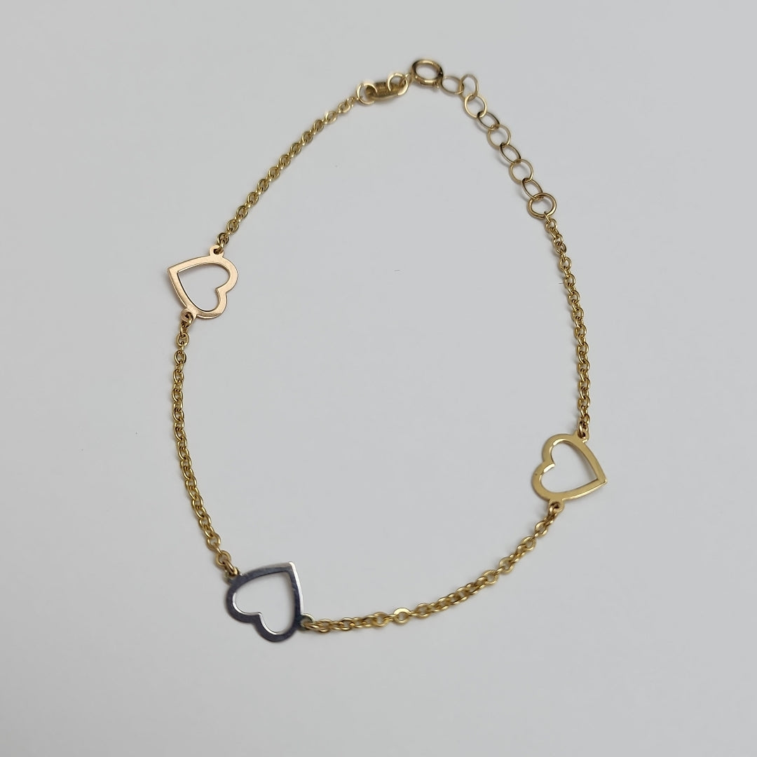 PULSERA ESPECIAL CON CORAZONES CONBINADOS 14K 18 CM 1.6 GR (NUEVO)