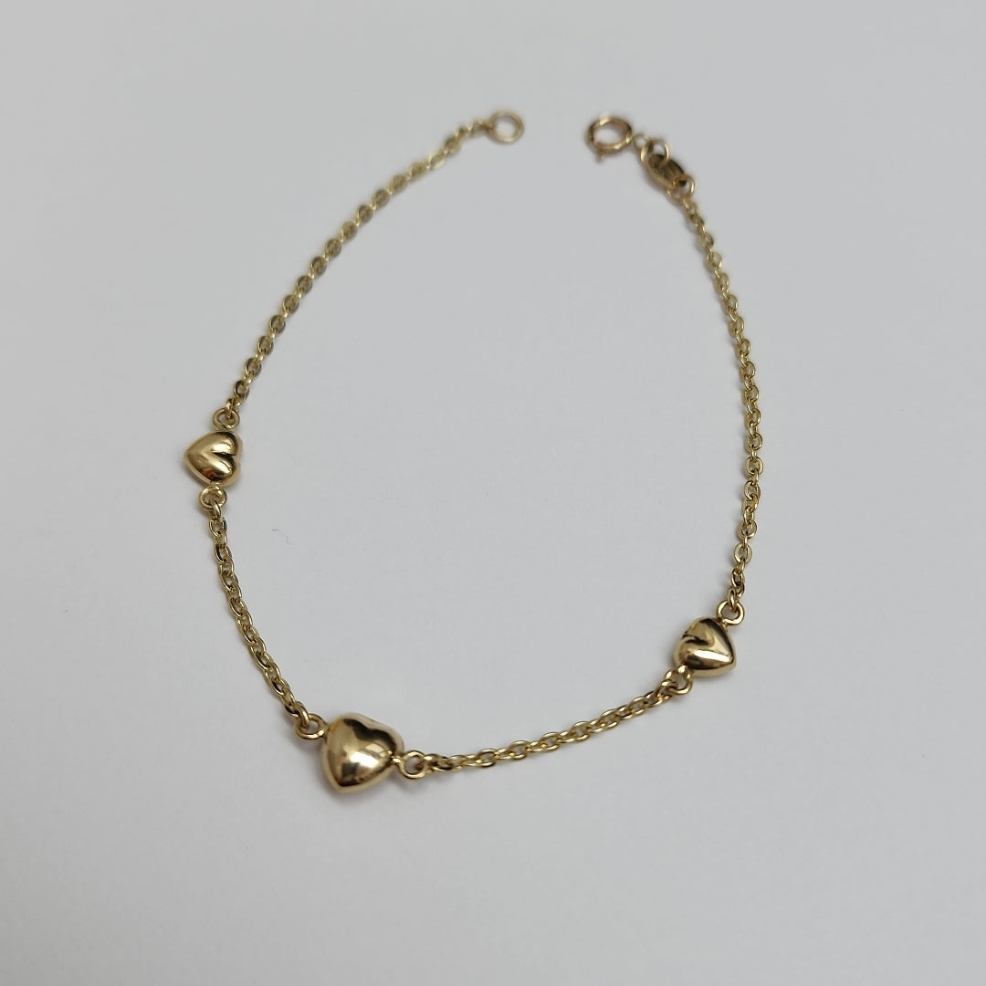 PULSERA TEJIDO ESPECIAL CON CORAZONES 14K 18 CM 1.7 GR (NUEVO)