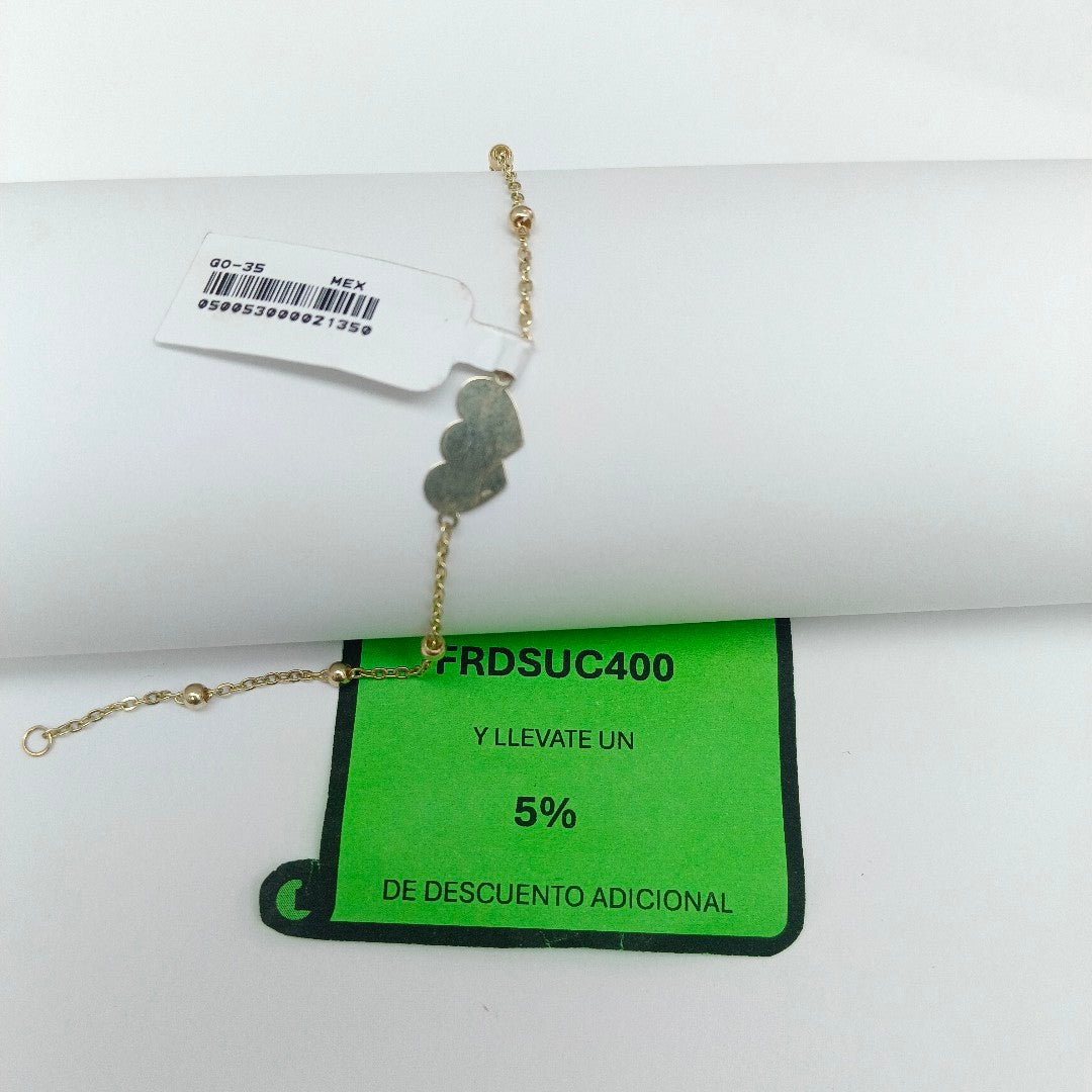 PULSERA TEJIDO ESPECIAL CON DOS CORAZONES 14K 18 CM 1.7 GR (NUEVO)