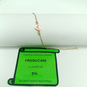 PULSERA TEJIDO ESPECIAL CON FIGURA CORAZON CON ESMALTE ROSA 14K 18 CM 2 GR (NUEVO)