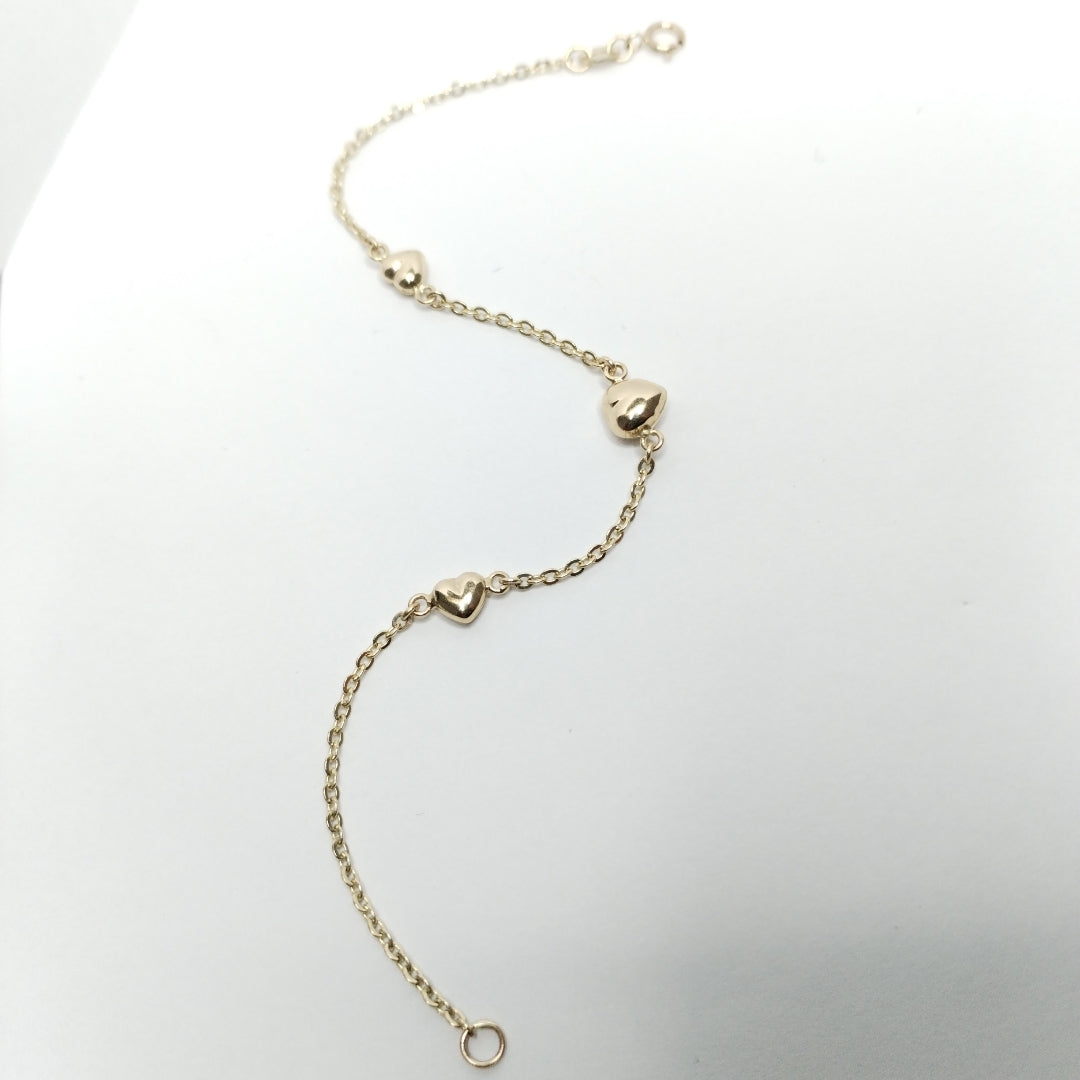 PULSERA TEJIDO ESPECIAL CON CORAZONES 14K 18 CM 1.6 GR (NUEVO)