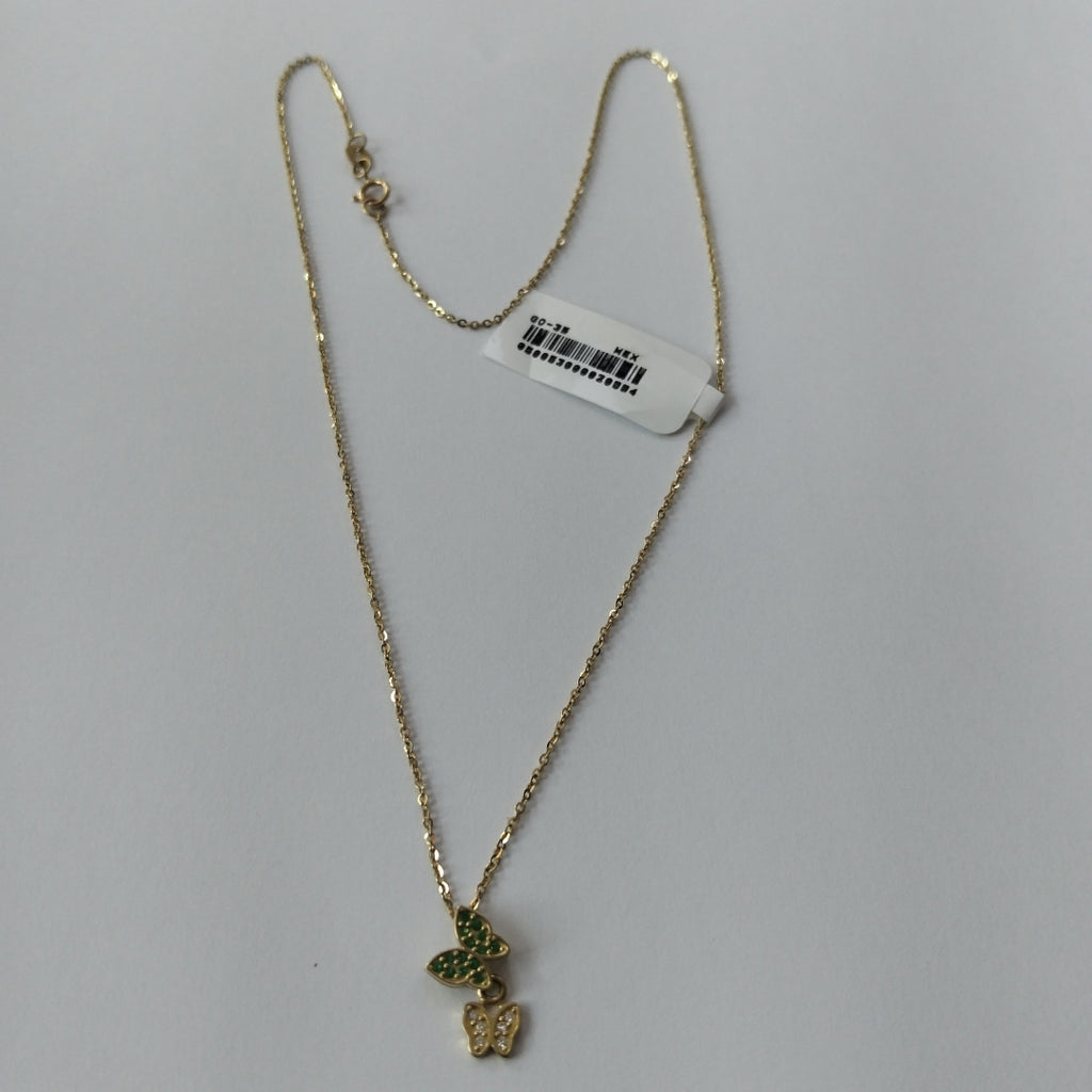 CADENA TEJIDO GARGANTILLA CON DIJE MARIPOSAS CIRCONIAS Y PIEDRAS DE COLOR 14K 45 CM 1.9 GR (NUEVO)
