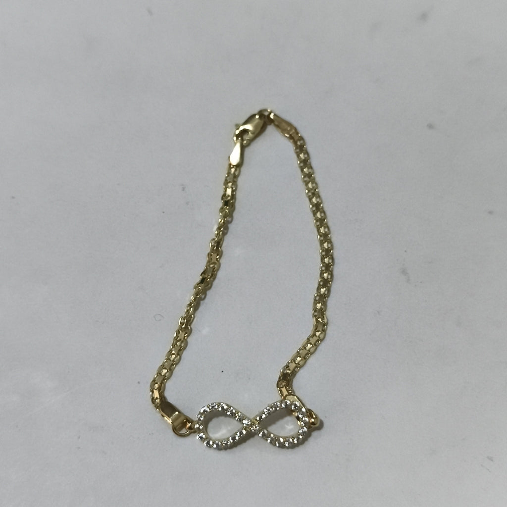 PULSERA TEJIDO ESPECIAL CON INFINITO Y CIRCONIAS 14K 18 CM 3.3 GR (NUEVO)