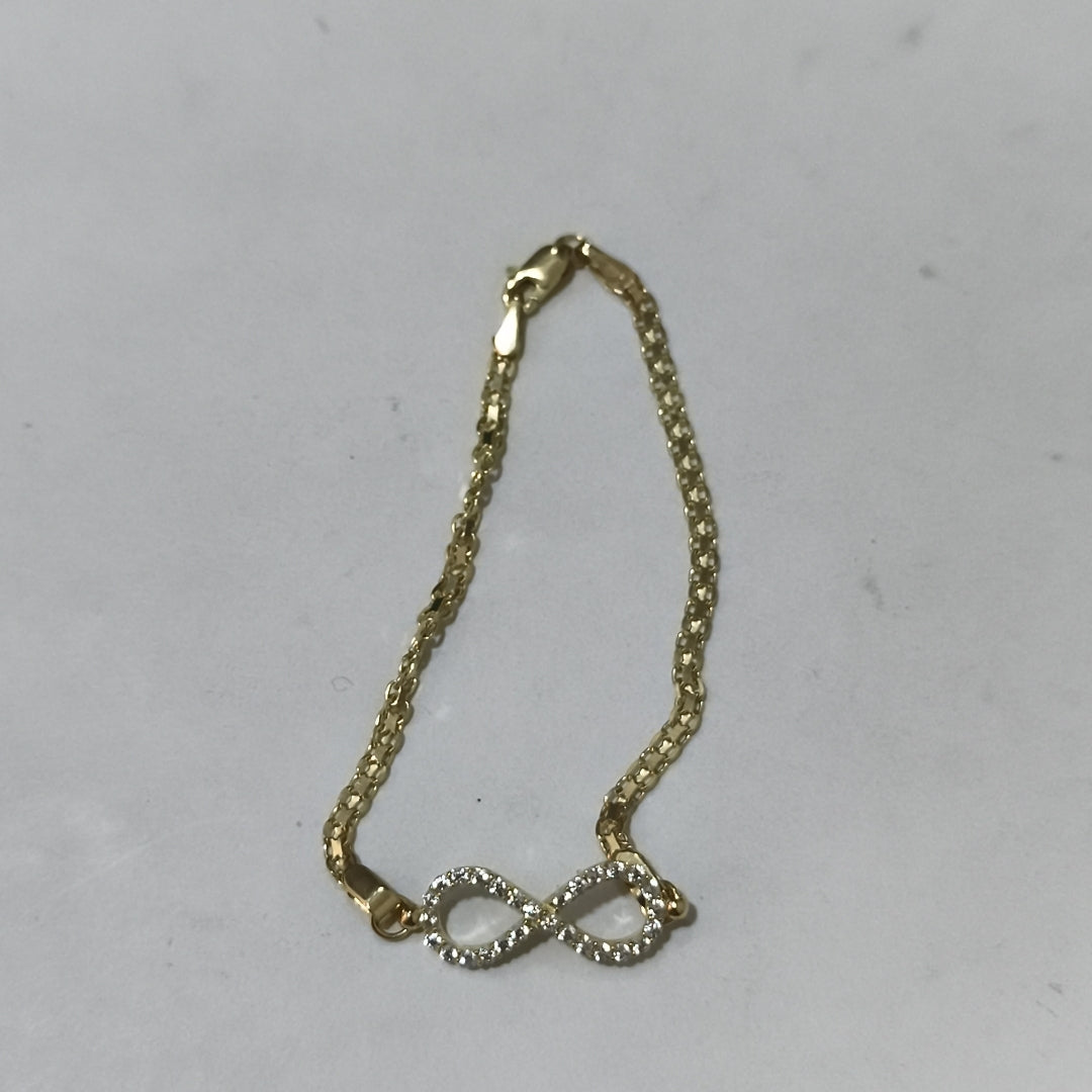PULSERA TEJIDO ESPECIAL CON INFINITO Y CIRCONIAS 14K 18 CM 3.3 GR (NUEVO)