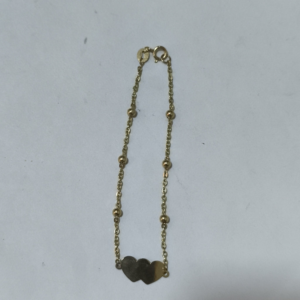 PULSERA TEJIDO ESPECIAL CON DOS CORAZONES 14K 18 CM 1.7 GR (NUEVO)