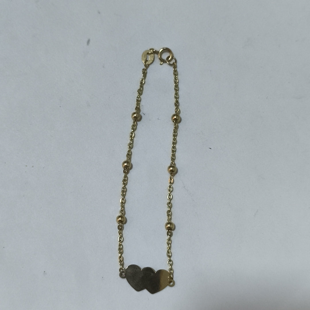 PULSERA TEJIDO ESPECIAL CON DOS CORAZONES 14K 18 CM 1.7 GR (NUEVO)