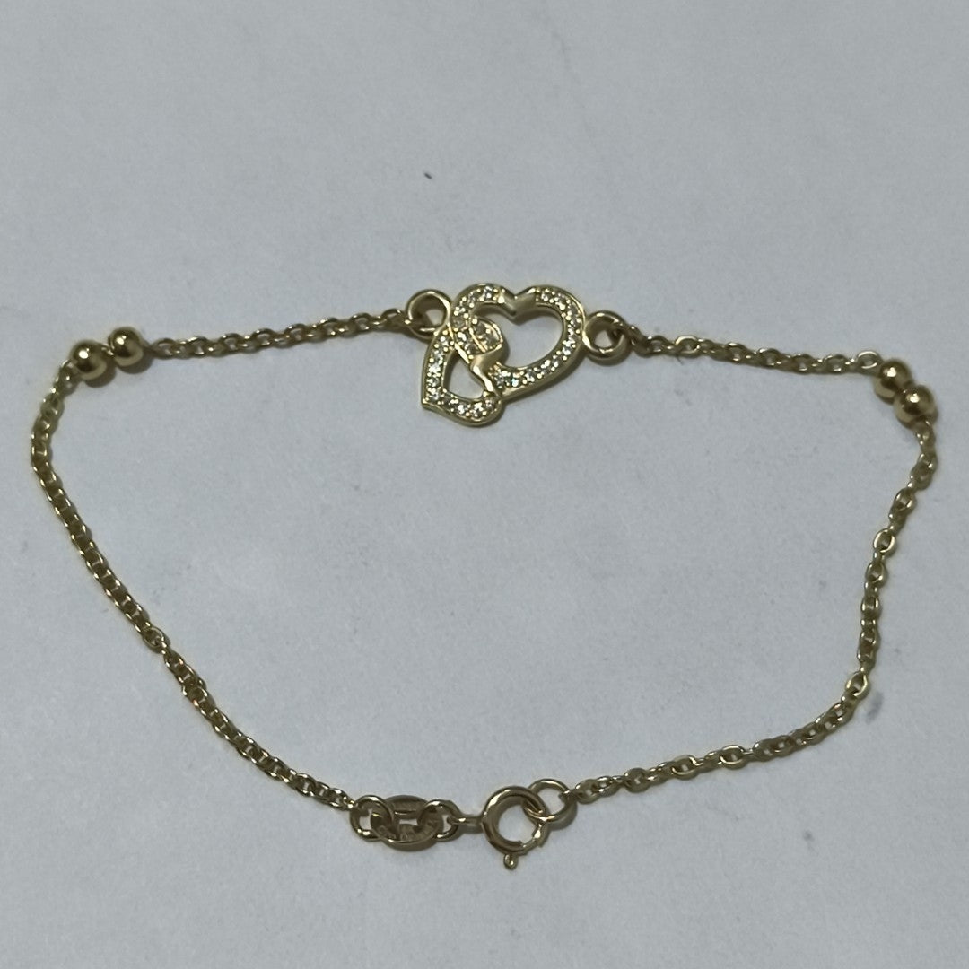 PULSERA TEJIDO ESPECIAL CORAZONES CON CIRCONIAS 14K 18 CM 2.4 GR (NUEVO)