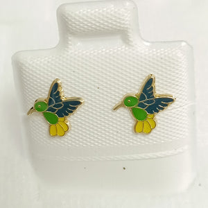 BROQUELES BROQUEL FIG COLIBRI ESMALTE VERDE 14K 0.2138 GR (NUEVO)