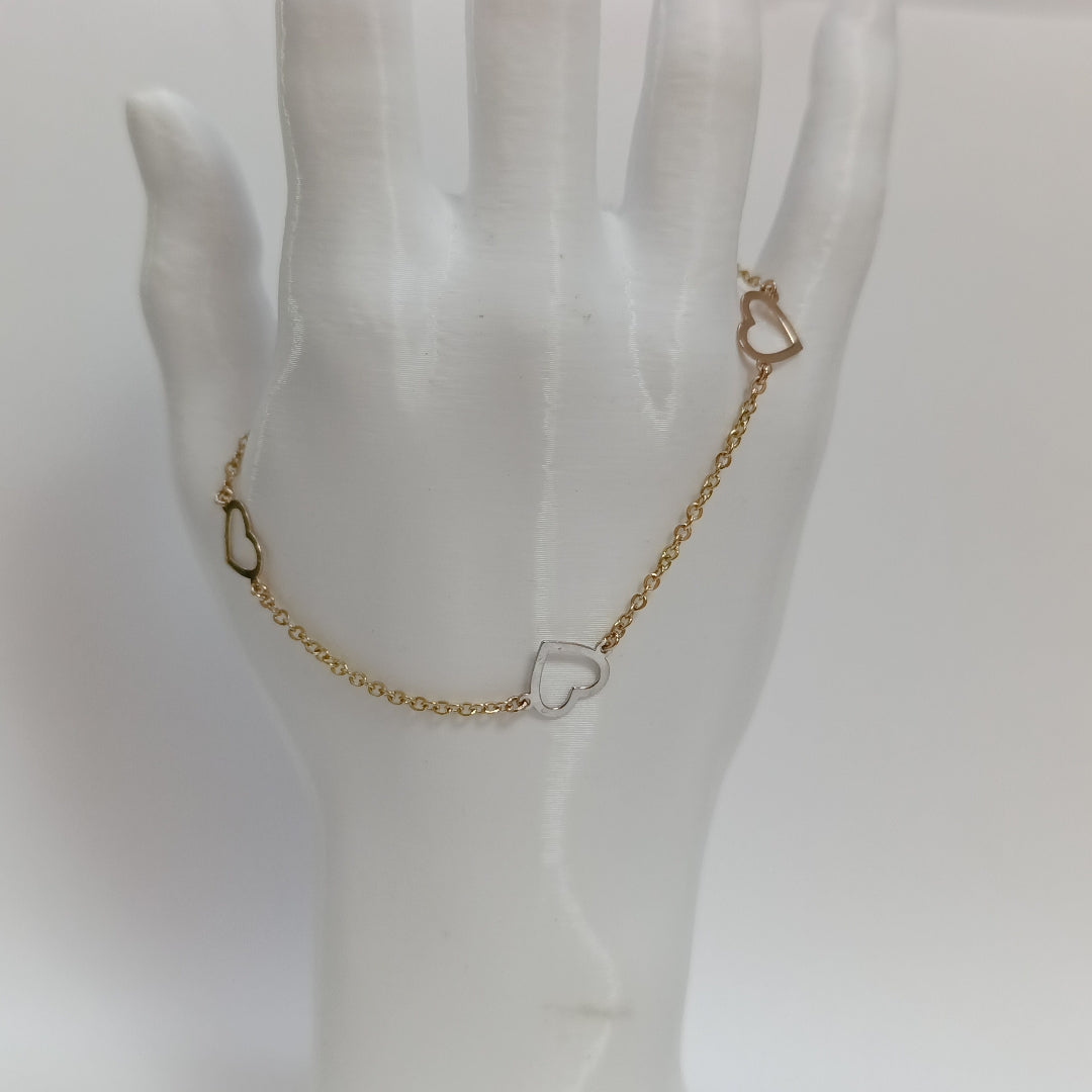 PULSERA ESPECIAL CON CORAZONES CONBINADOS 14K 18 CM 1.7 GR (NUEVO)