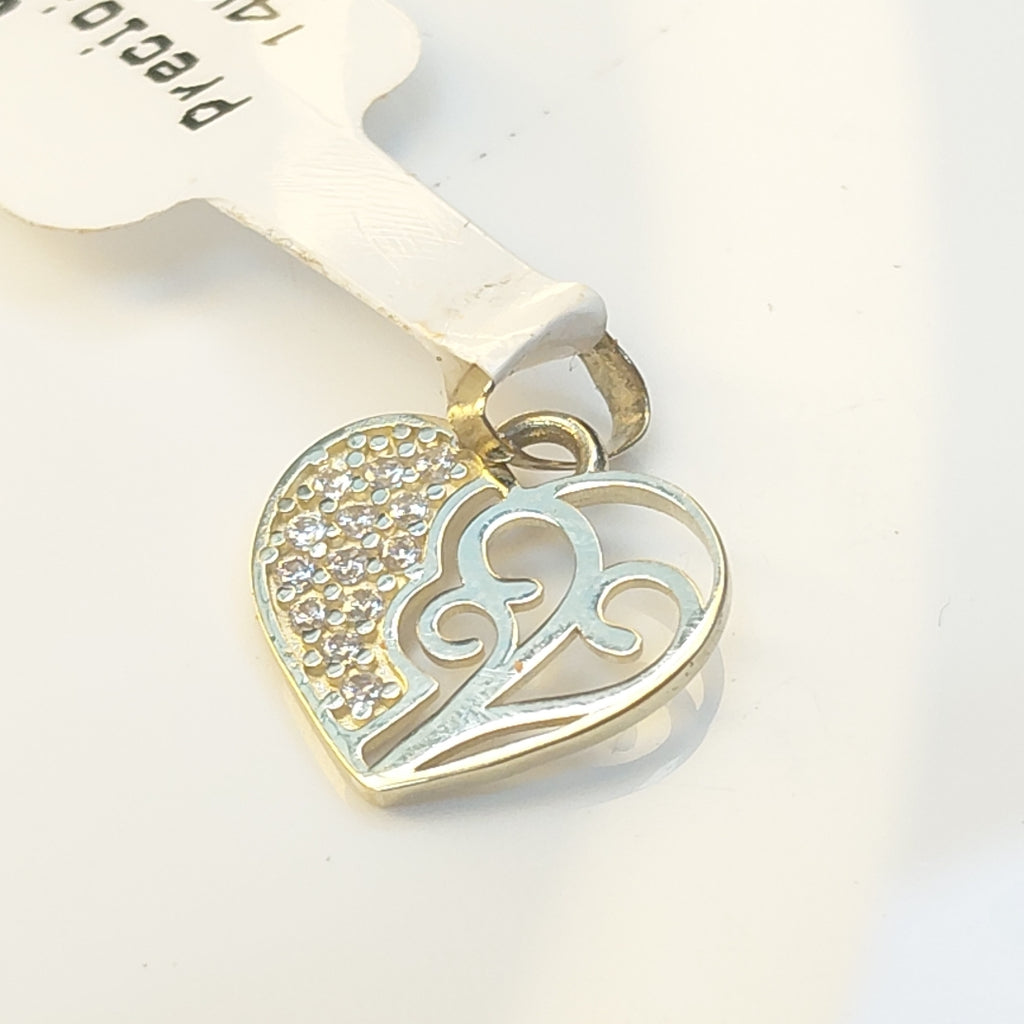 DIJE TEJIDO CORAZON CON CIRCONIAS Y ARBOL DE LA VIDA 14K 0.9 GR (NUEVO)