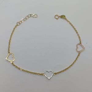 PULSERA ESPECIAL CON CORAZONES CONBINADOS 14K 18 CM 1.7 GR (NUEVO)