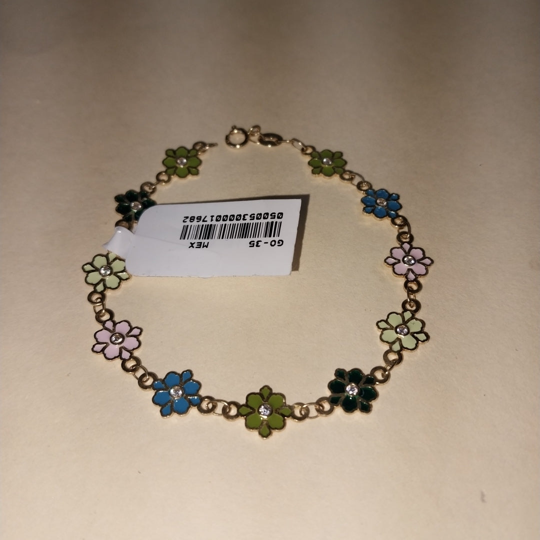 PULSERA ESPECIAL FLORES CON ESMALTE 14K 18 CM 4.6 GR (NUEVO)