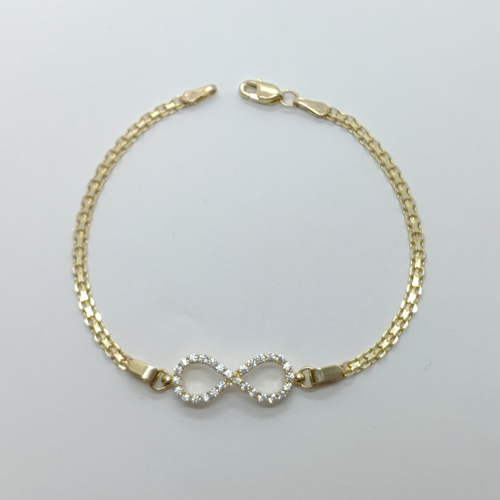 PULSERA TEJIDO ESPECIAL CON INFINITO Y CIRCONIAS 14K 18 CM 3.4 GR (NUEVO)