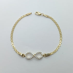 PULSERA TEJIDO ESPECIAL CON INFINITO Y CIRCONIAS 14K 18 CM 3.4 GR (NUEVO)