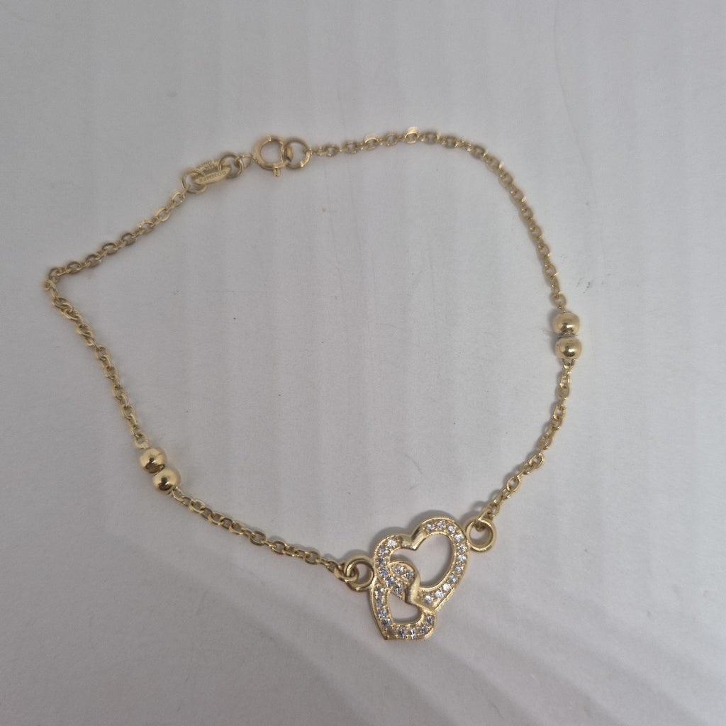 PULSERA TEJIDO ESPECIAL CORAZONES CON CIRCONIAS 14K 18 CM 2.4 GR (NUEVO)