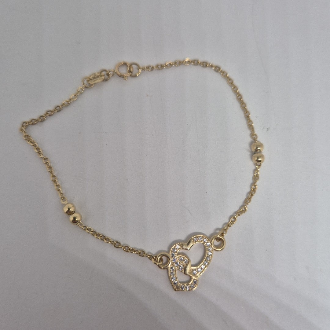 PULSERA TEJIDO ESPECIAL CORAZONES CON CIRCONIAS 14K 18 CM 2.4 GR (NUEVO)