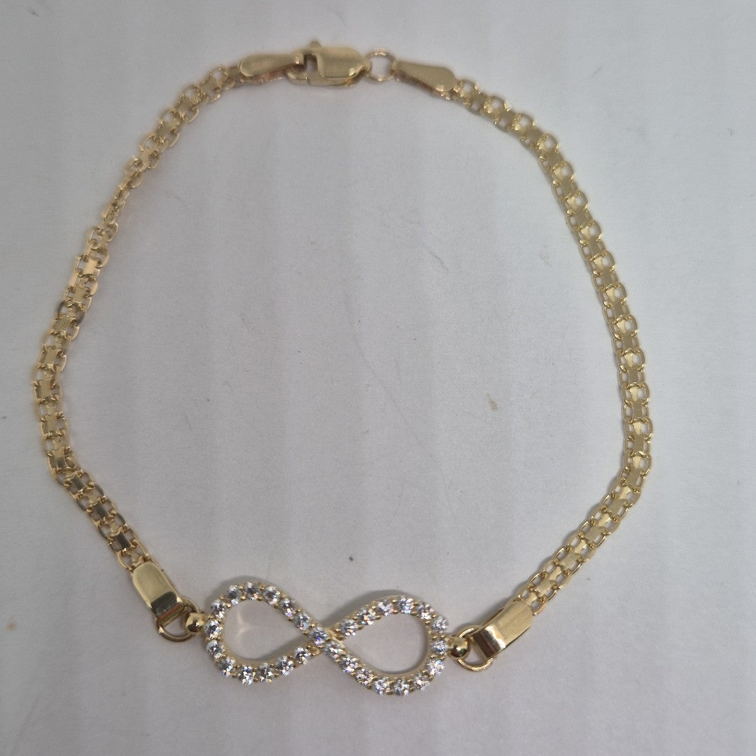 PULSERA TEJIDO ESPECIAL CON INFINITO Y CIRCONIAS 14K 18 CM 3.4 GR (NUEVO)