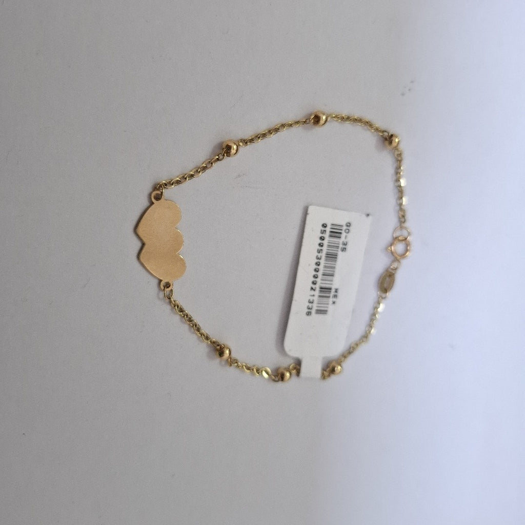 PULSERA TEJIDO ESPECIAL CON DOS CORAZONES 14K 18 CM 1.7 GR (NUEVO)