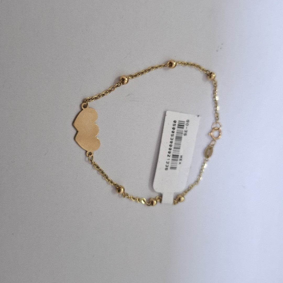 PULSERA TEJIDO ESPECIAL CON DOS CORAZONES 14K 18 CM 1.7 GR (NUEVO)