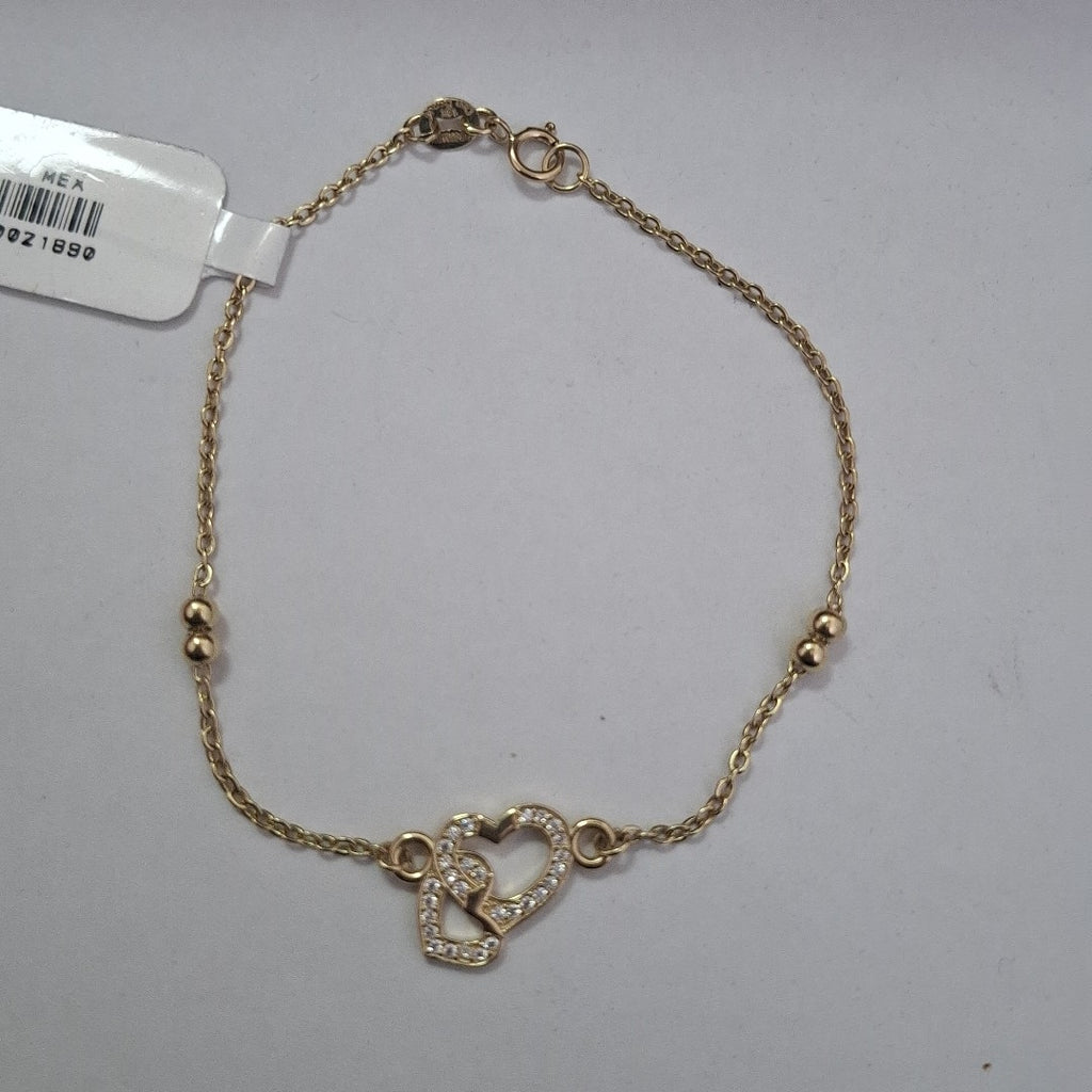 PULSERA TEJIDO ESPECIAL CORAZONES CON CIRCONIAS 14K 18 CM 2.3 GR (NUEVO)