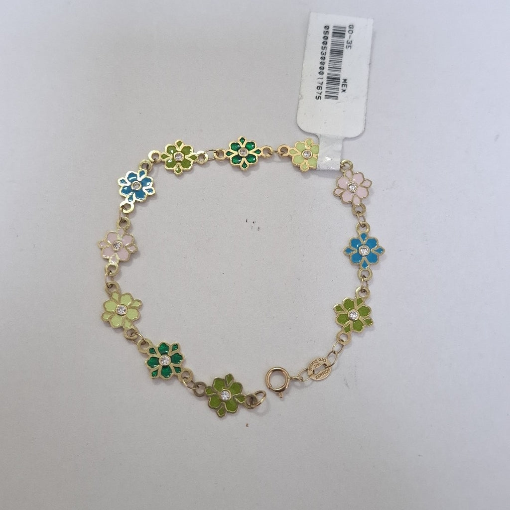 PULSERA ESPECIAL FLORES CON ESMALTE 14K 18 CM 4.5 GR (NUEVO)
