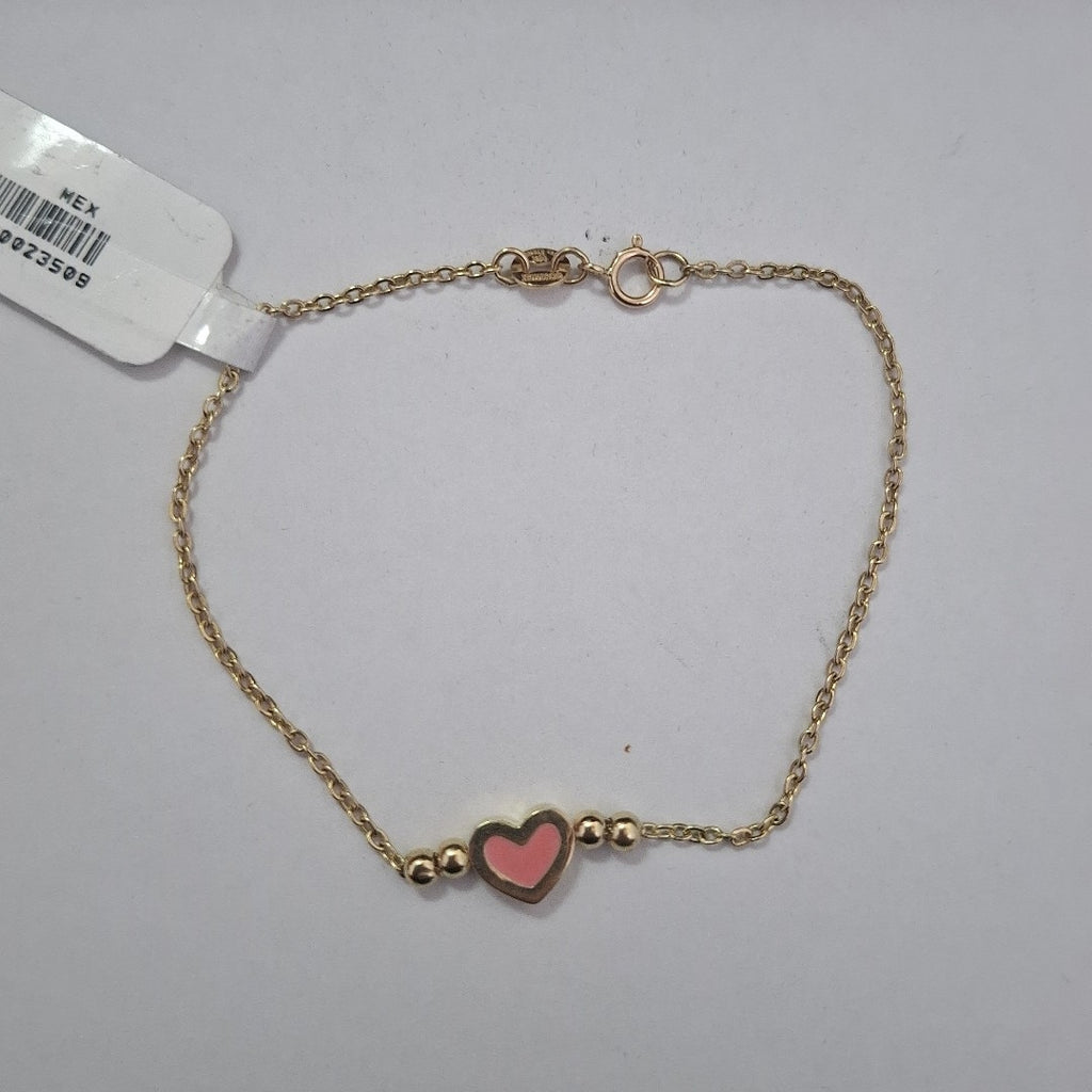 PULSERA TEJIDO ESPECIAL CON FIGURA CORAZON CON ESMALTE ROSA 14K 18 CM 1.9 GR (NUEVO)